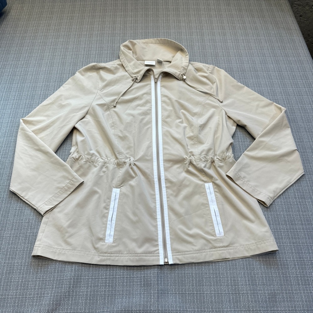 Weekends by Chicos Spring Jacket size 2 / Large Tan Full Zip Drawstring Waist